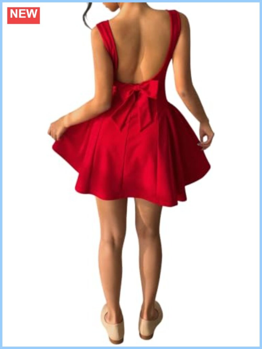 Women's Open Back Bow Mini Ruffle Dress Square Neck Sleeveless Party
